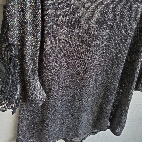 Buckle 3/4 Lace-sleeve Scoop Neck V-back Shimmery Rainbow Metallic Thread Tunic - Picture 9 of 16
